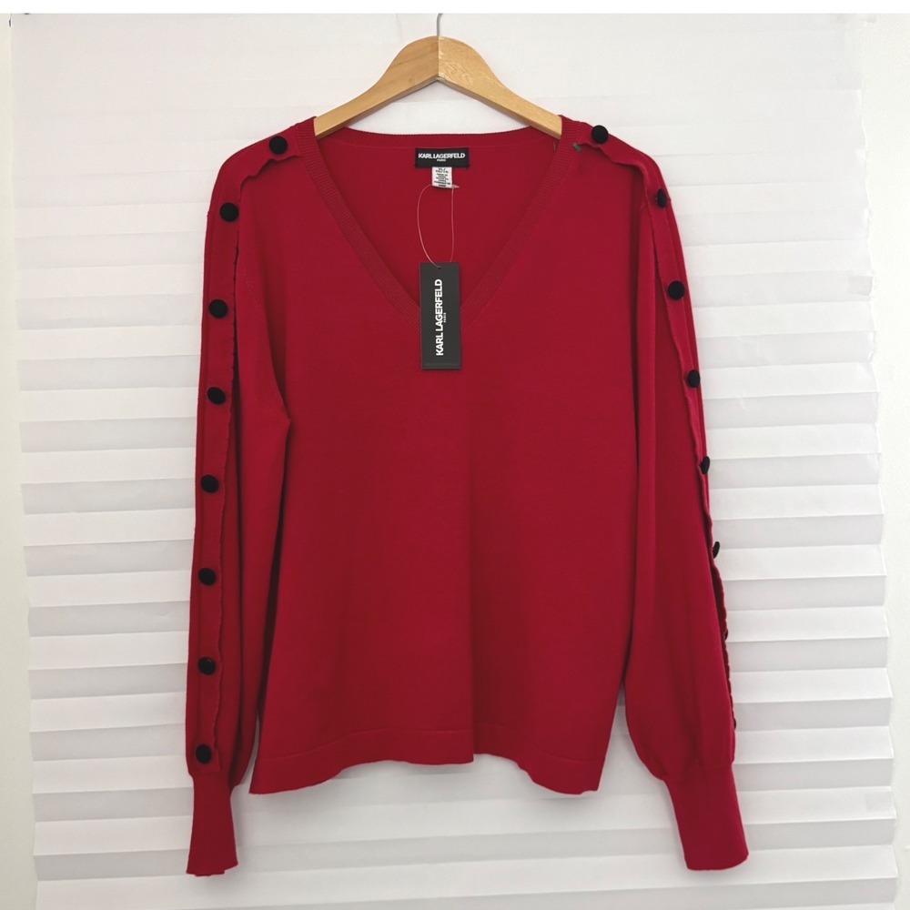 Karl Lagerfeld Paris Womens Chic Red V-Neck Button Sleeve Sweater XL Preppy New